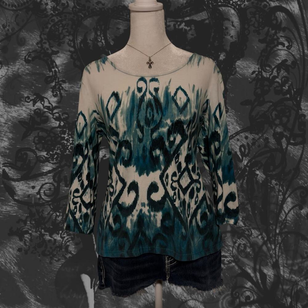 teal blue with ivory white ikat baroque drip pattern boho grunge whimsical top